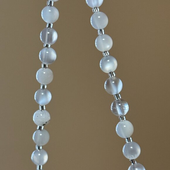 White Moonstone Silver Leaf Branch Necklace, Genuine Gemstone Beaded Choker - Picture 9 of 13